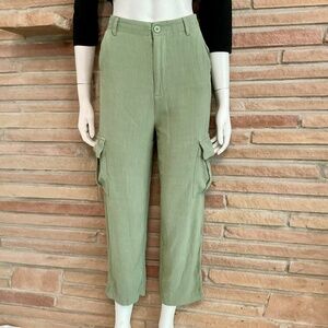 Green Linen Blend Cargo Pants